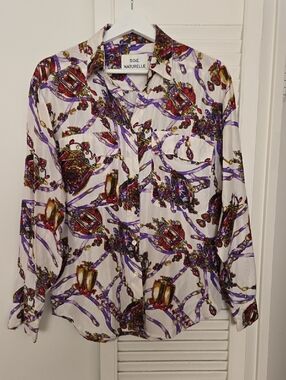 White Natural Silk Printed Button-Up Blouse with Purple & Gold Chain Print